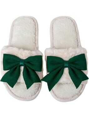 Women Green Fuzzy Bow House Slippers Memory Foam Slides Open Toe Plush Fleece